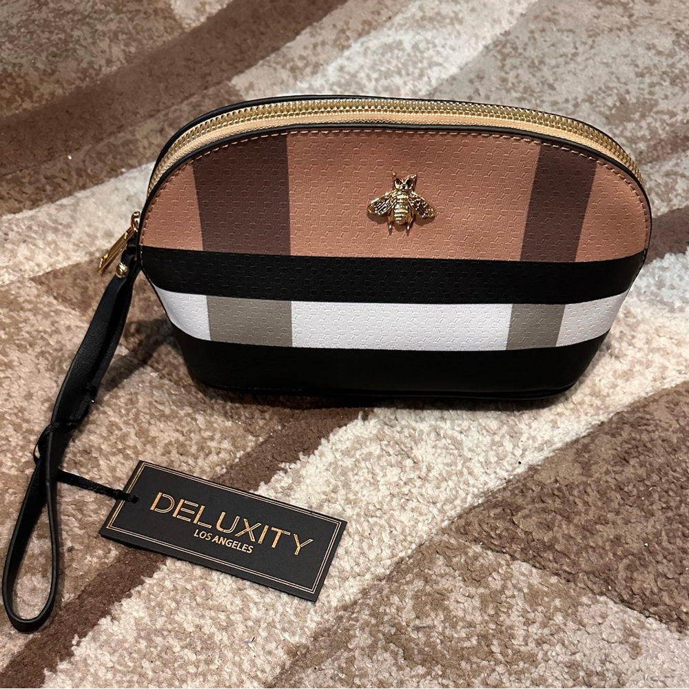 Deluxity Cosmetic Bag Plaid Tan, White And Black NWT